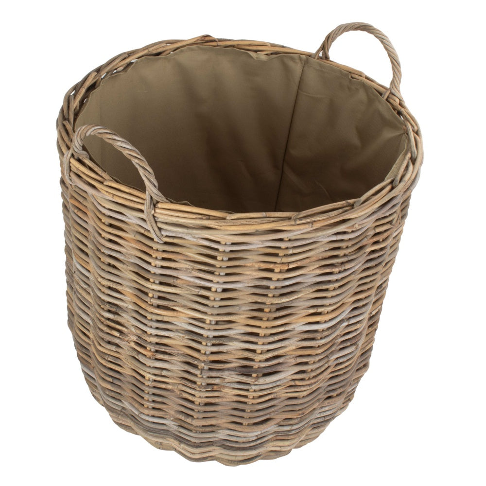 Hessian Lined Tall Round Fireside Rattan Log Basket