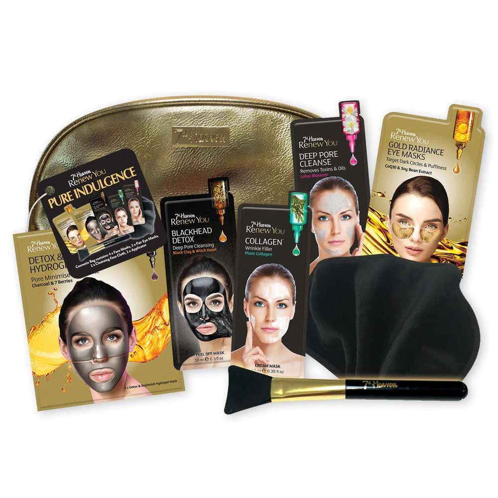 7th Heaven Renew You Pure Indulgence Gift Set - Includes a Variety of Renew You Masks with Gold Cosmetics Bag, Soft Black Cleansing Face Cloth Secondary image
