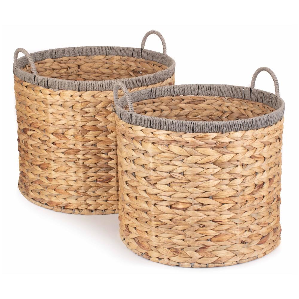 Red Hamper Round Water Hyacinth Basket With Grey Rope Border Main image