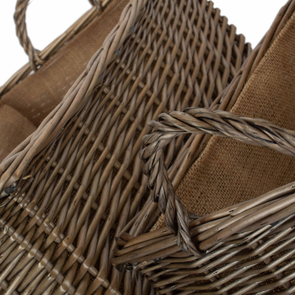 Antique Wash Rectangular Hessian Lined Wicker Log Basket