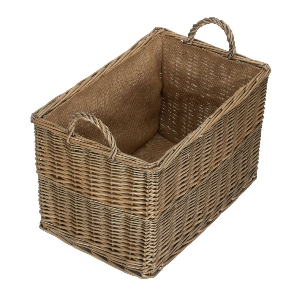 Antique Wash Rectangular Hessian Lined Wicker Log Basket
