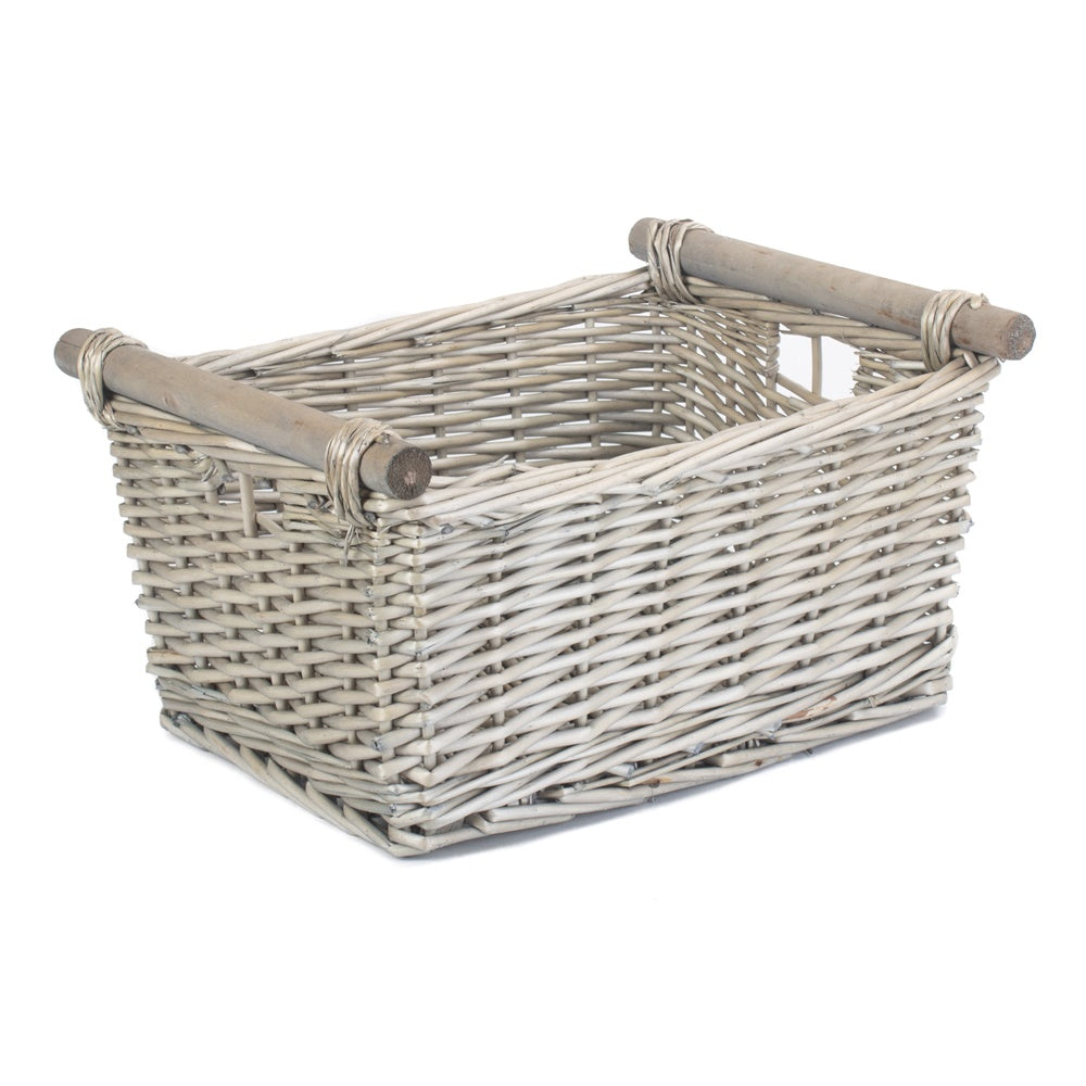 Grey Wash Wooden Handled Wicker Storage Basket Secondary image