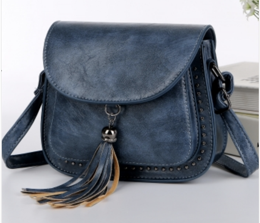 Vegan Cross Body Bag Saddle Style With Tassel Stud Detail -Navy
