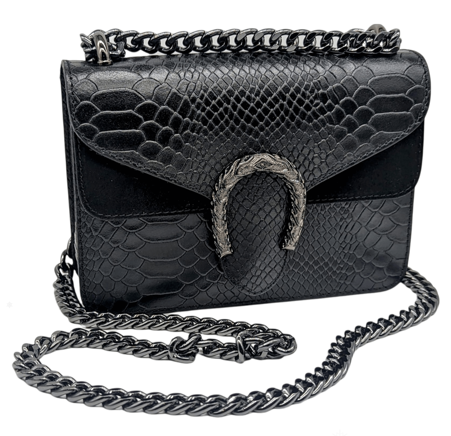 Italian Designer Leather Crossbody Bag with Horseshoe - Swolit Camilla Snake- Black Main image