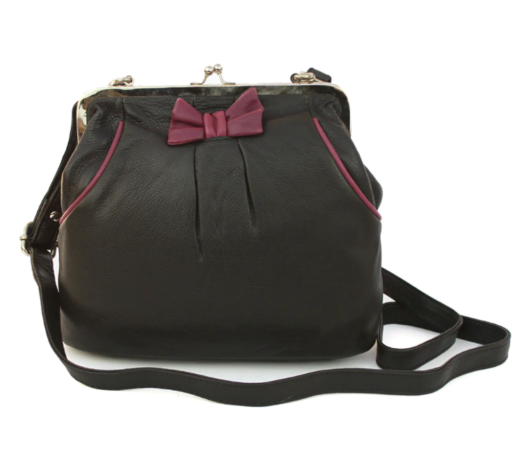 Genuine Leather bag Vintage Retro with 'kiss lock' fastening Contrast piping and bow detail- Debbie Black & Wine Main image