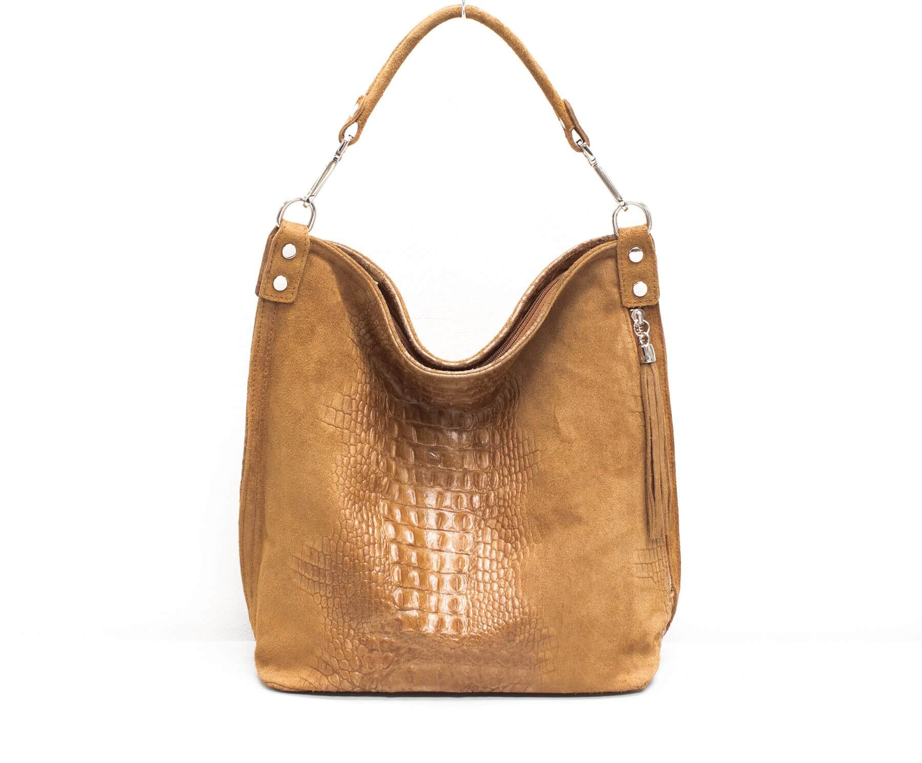 Italian Designer Leather Suede Leather Croc Print Right Pocket Hobo Bag - Swolit Zeta- Dark Tan Main image