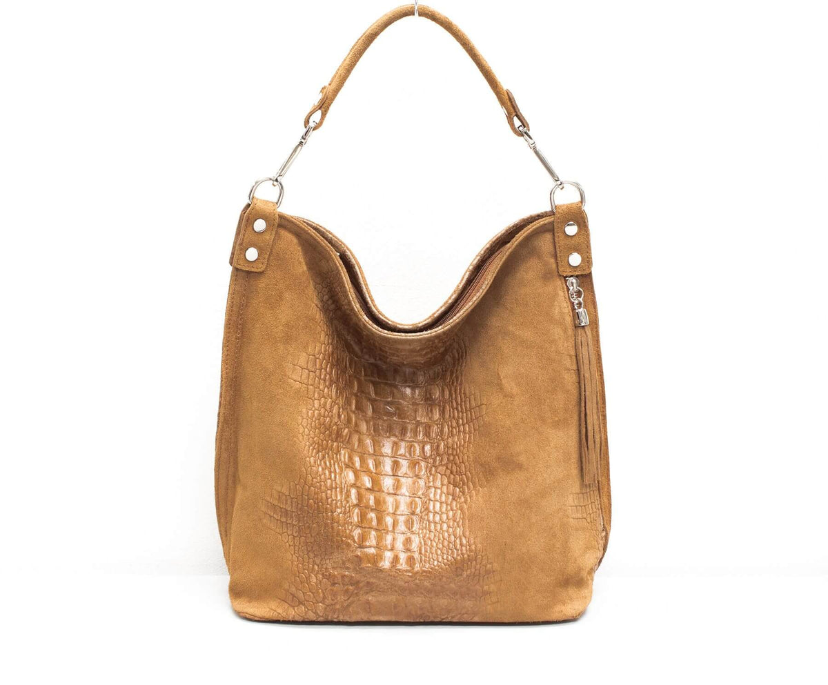 Italian Designer Leather Suede Leather Croc Print Right Pocket Hobo Bag - Swolit Zeta- Dark Tan