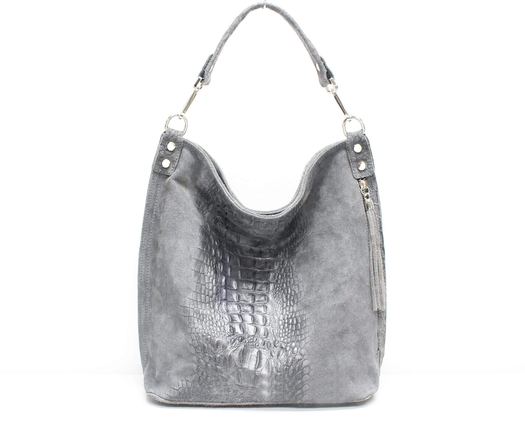 Italian Designer Leather Suede Leather Croc Print Right Pocket Hobo Bag - Swolit Zeta Grey Main image