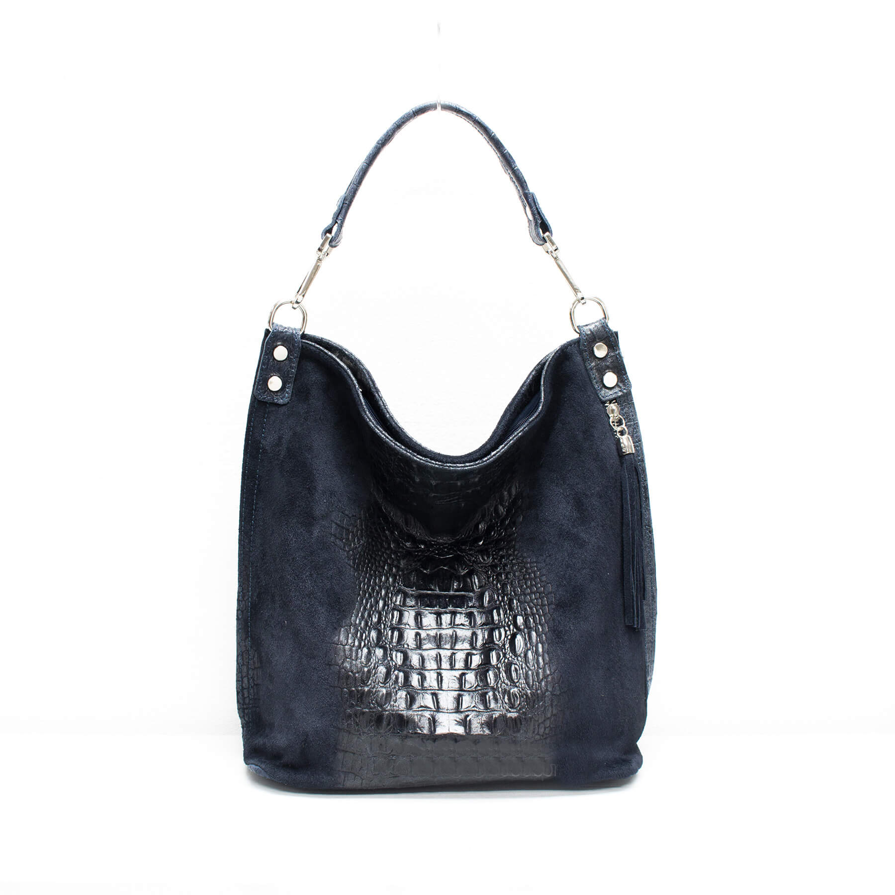 Italian Designer Leather Suede Leather Croc Print Right Pocket Hobo Bag - Swolit Zeta - Navy Main image