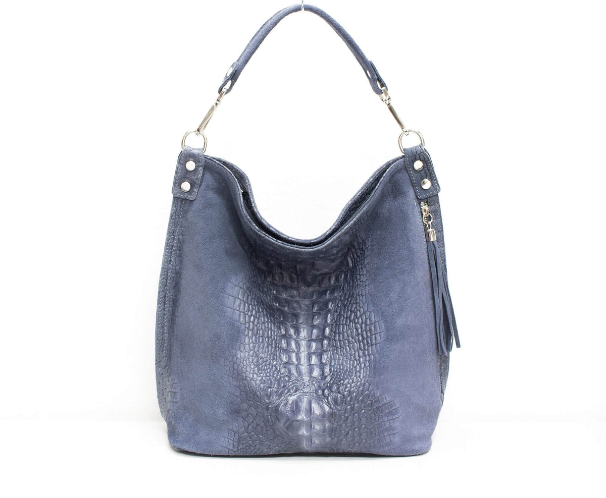 Italian Designer Leather Suede Leather Croc Print Right Pocket Hobo Bag - Swolit Zeta- Silver Blue
