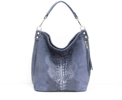 Italian Designer Leather Suede Leather Croc Print Right Pocket Hobo Bag - Swolit Zeta- Silver Blue