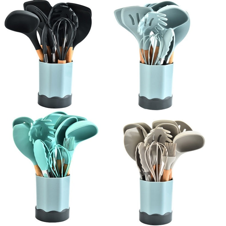 Beech Wood Silicone Kitchen Set With Storage Bucket(Dark Gray)