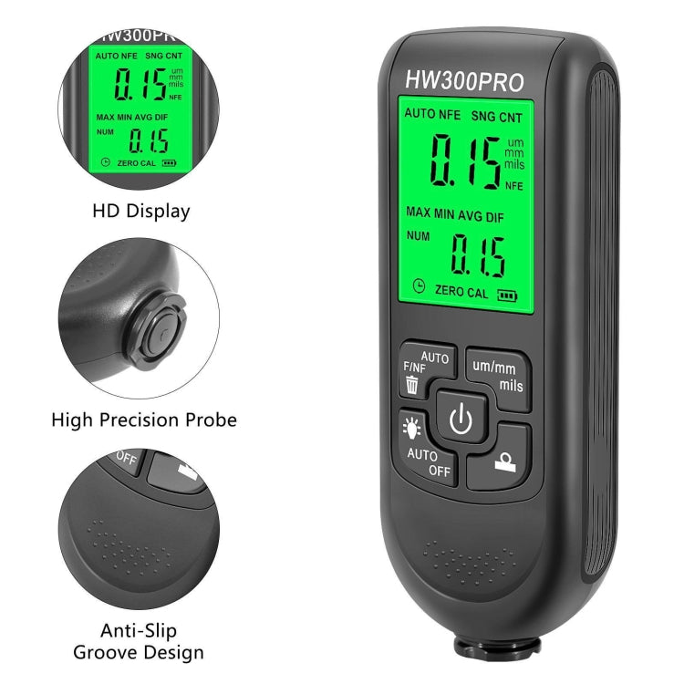HW-300PRO High Precision Coating Paint Powder Layer Thickness Gauge Anti-slip Paint Film Gauge(Black)