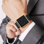 SKMEI Multi-function Letter Display Dial Square Men Electronic Watch, Color: Gold Leather Band