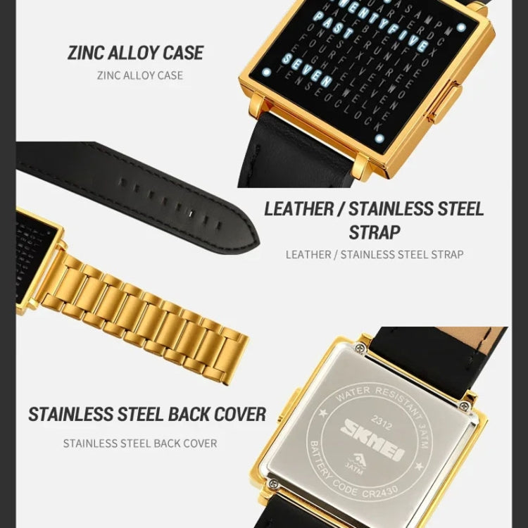 SKMEI Multi-function Letter Display Dial Square Men Electronic Watch, Color: Gold Leather Band