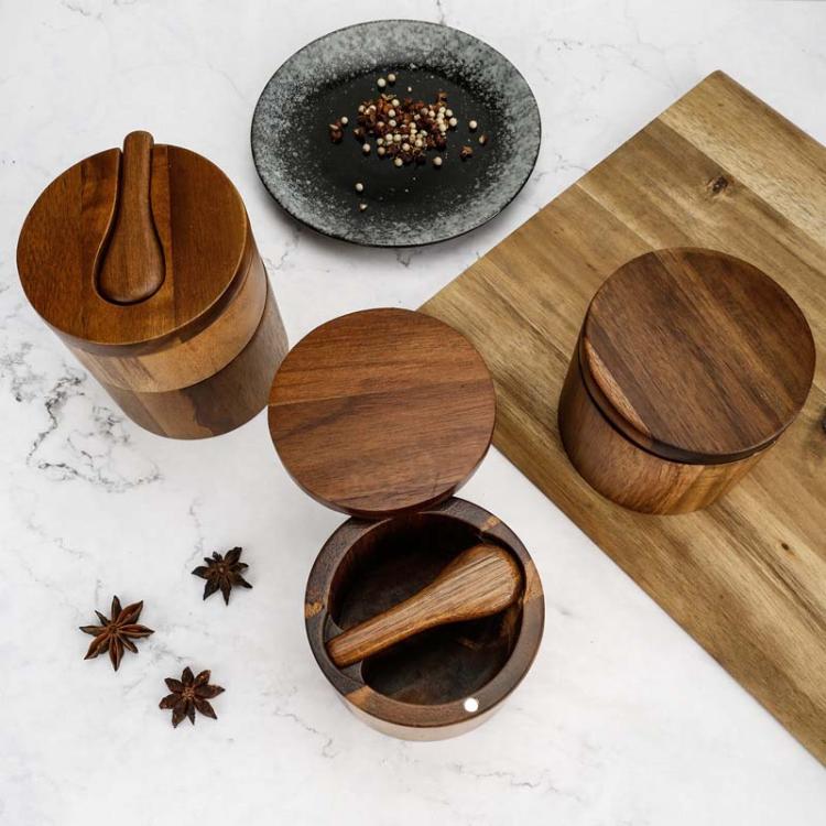 1 Layer Single Grid Wooden Salt Jar Storage Box Seasoning Jar With Lid And Spoon