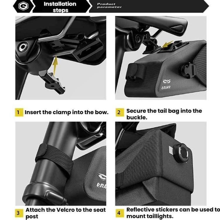 ENLEE Bike Quick-Release Seat Bag Waterproof Reflective Saddle Bag, Style: 1.3L Black