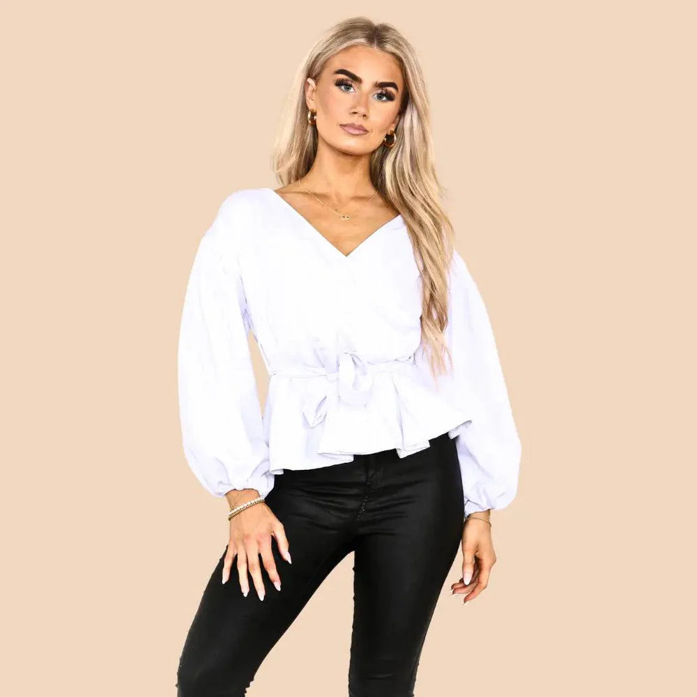 Women's White V Neck Long Balloon Sleeve Top with Bow Tie Decor Belt Wrap Closure Peplum Top- Elegant Babydoll Shirt Spring Summer Blouse Streetwear Office Work - Elaina Fashion Main image