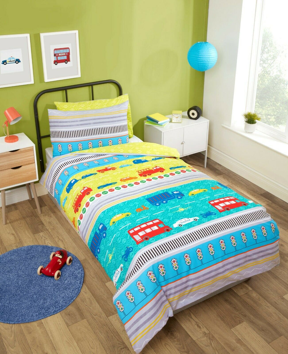 Transport Cars Police Fire Truck Kids Children Bedding Single Double Toddler Duvet Quilt Cover Set Boys Girls