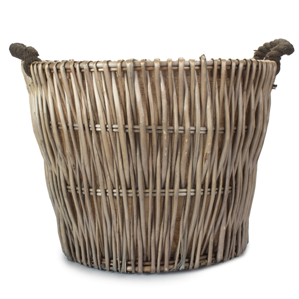Round Grey Hessian Lined Log Basket