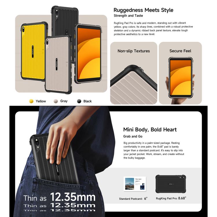 [HK Warehouse] Ulefone Rugking Pad Pro Rugged Tablet PC, 8GB+128GB, 8.68 inch Android 16 Unisoc T7250 Octa Core 4G Network, EU Plug (Black)