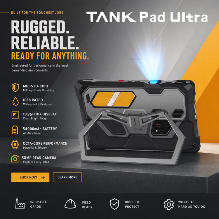 [HK Warehouse] Unihertz 8849 Tank Pad Ultra Rugged Tablet PC & Projector, 16GB+512GB, 10.95 inch Android 15 Dimensity 8200 Octa Core 5G Network, EU Plug (Black)