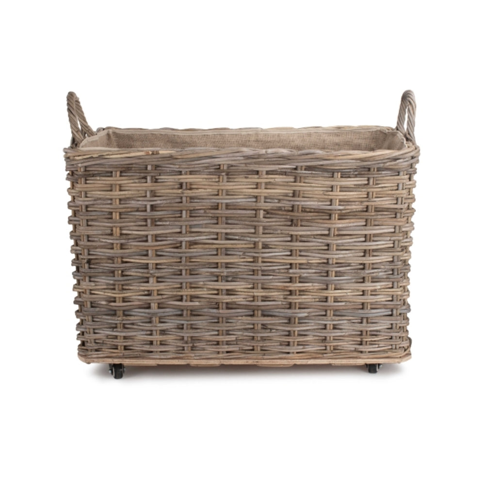 Wheeled Rattan Hessian Lined Log Basket