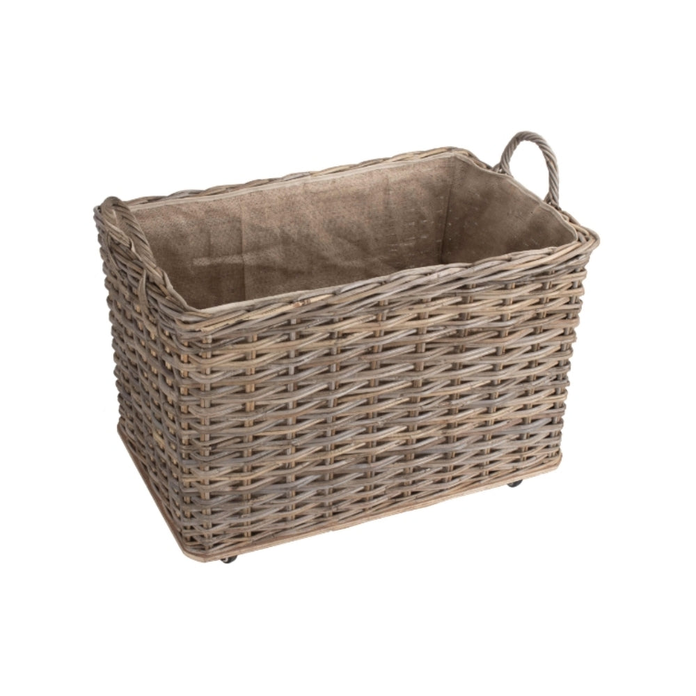 Wheeled Rattan Hessian Lined Log Basket