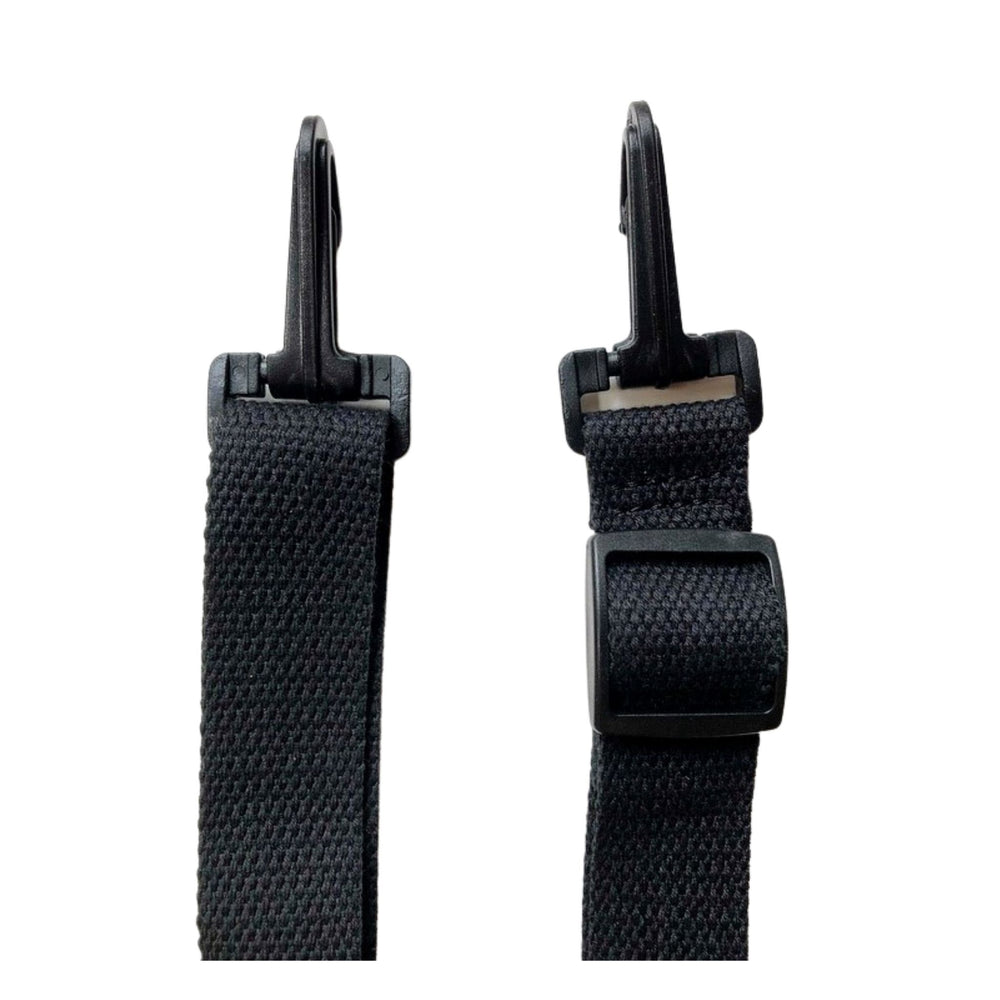 close up of clips on end of adjustabe black yoga mat clip that attaches to your joy xl backpack