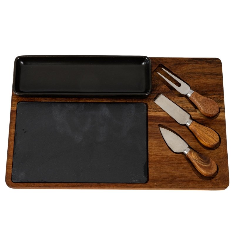 Acacia Cheese Board Set With Black Bowl, Slate and Cutlery - Cheese Board - British D'sire