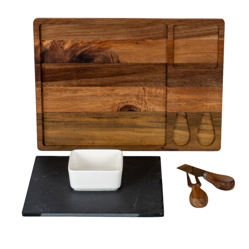 Acacia Cheese Board Set With White Bowl, Slate and Cutlery - Cheese Board - British D'sire