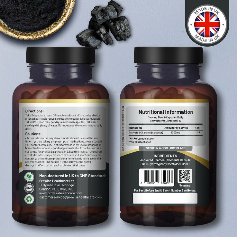 Activated Charcoal Capsules - 200 High Strength Vegan Capsules - 1200mg per serving – Made from Natural Coconut shells to Reduce Flatulence, Bloating & Indigestion I Made in the UK by Prowise Healthcare - Vitamins & Supplements - British D'sire