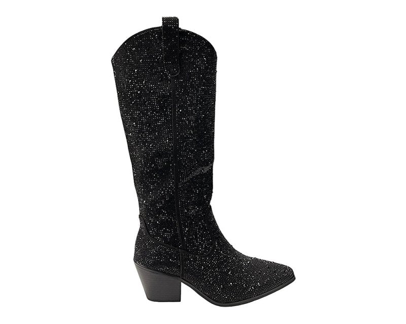 All Over Rhinestone Calf Length Zip Boots - Boots - British D'sire