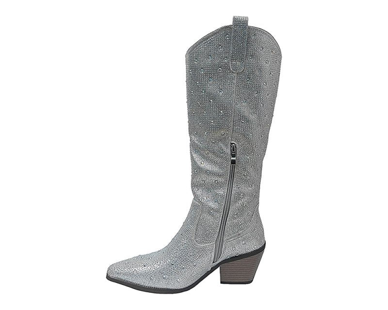 All Over Rhinestone Calf Length Zip Boots - Boots - British D'sire