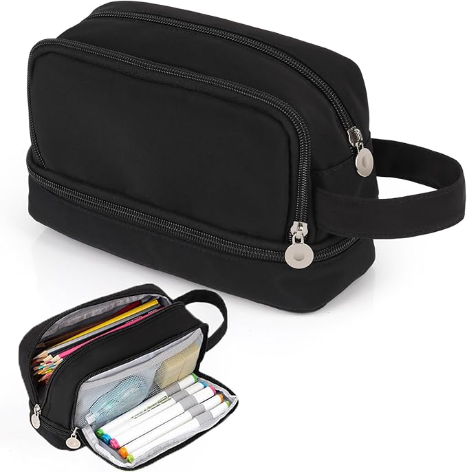 Alyvisun Large Capacity Pencil Case with 3 Compartments for Boys Girls, Desk Stationery Organizer Pencil Pouch with Handle, Portable Pencil Case for School Office Supplies - Pencil Cases - British D'sire Main image