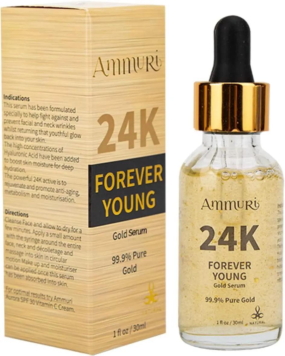 Ammuri 24K Gold Serum for dark circles in a dropper bottle with gold accents and packaging