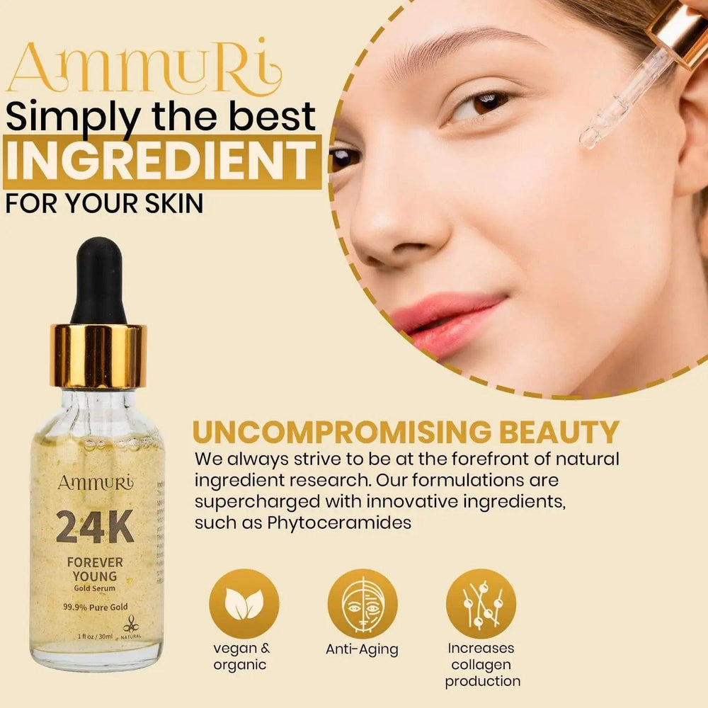Ammuri Skincare 24K Face Serum for Dark Circles promoting youthful skin and collagen production