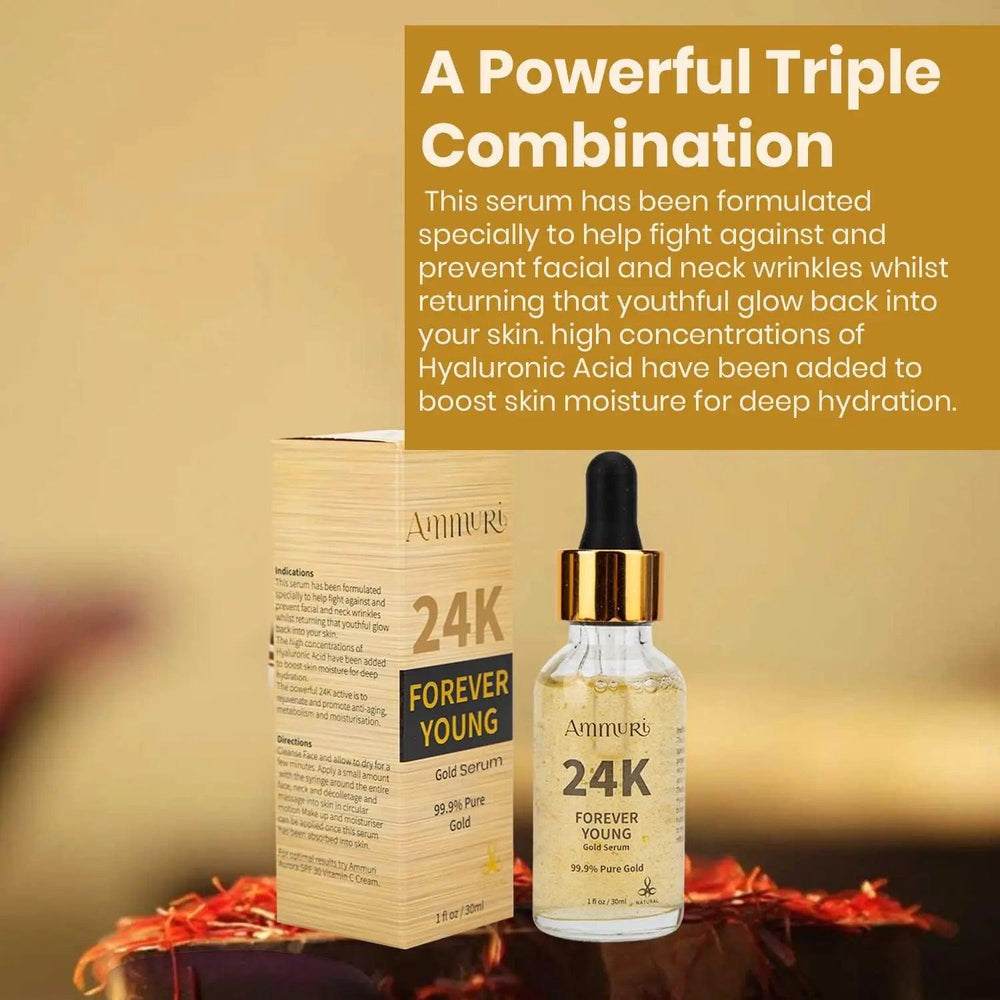 Ammuri Skincare 24K gold serum for dark circles in a bottle with a dropper, promoting youthful skin hydration