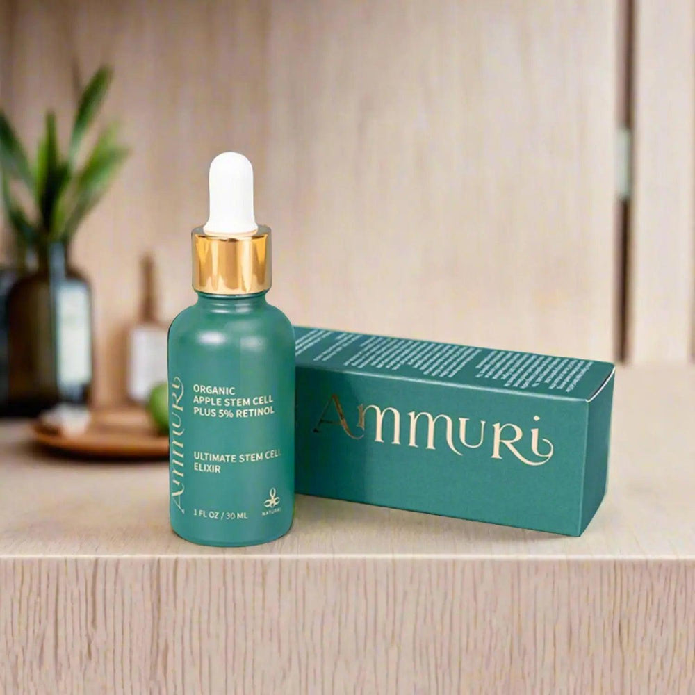 Ammuri Retinol Serum 5% with Apple Stem Cell Serum in green bottle and elegant packaging