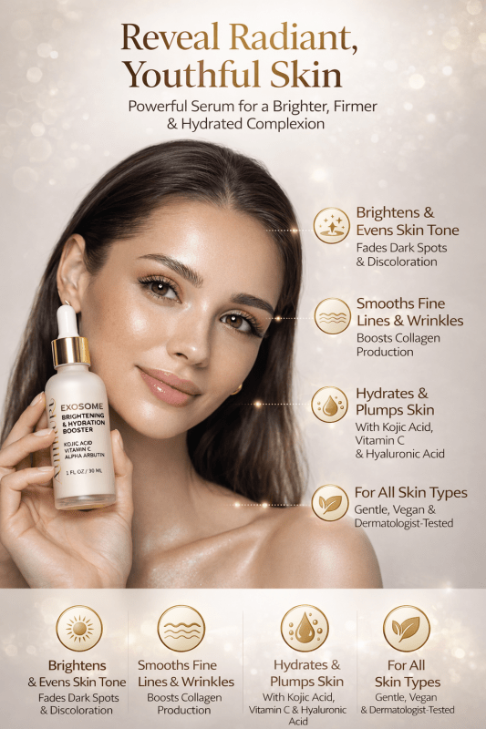 Ammuri Exosome Booster Serum – Brightening & Hydration Booster with Kojic Acid, Vitamin C & Alpha Arbutin | Fades Dark Spots, Evens Skin Tone & Boosts Radiance | For Face & Body – 30ml - Brightening Serum - British D'sire