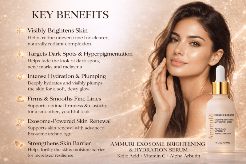 Ammuri Exosome Booster Serum – Brightening & Hydration Booster with Kojic Acid, Vitamin C & Alpha Arbutin | Fades Dark Spots, Evens Skin Tone & Boosts Radiance | For Face & Body – 30ml - WHITENING Lightening Serum - British D'sire