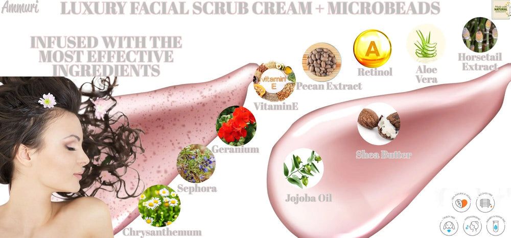 Ammuri Skincare luxury retinal facial scrub with microbeads and effective ingredients for glowing skin