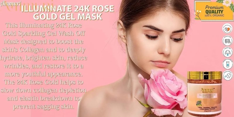 Ammuri Rose Clay 24K Gold Gel Face Mask – Pink Clay with Collagen, Niacinamide & Hyaluronic Acid – Hydrating, Pore Minimizer & Anti - Ageing Skincare, 250g - Ammuri Rose Clay 24K Gold Gel Face Mask - British D'sire