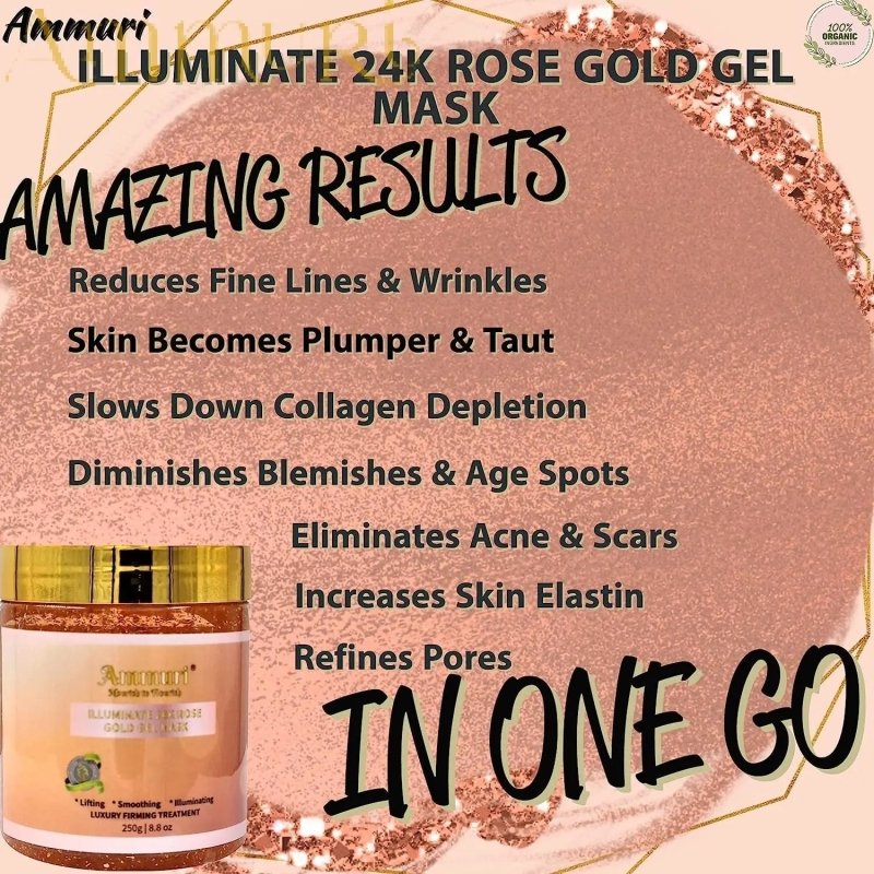 Ammuri Rose Clay 24K Gold Gel Face Mask – Pink Clay with Collagen, Niacinamide & Hyaluronic Acid – Hydrating, Pore Minimizer & Anti - Ageing Skincare, 250g - Ammuri Rose Clay 24K Gold Gel Face Mask - British D'sire