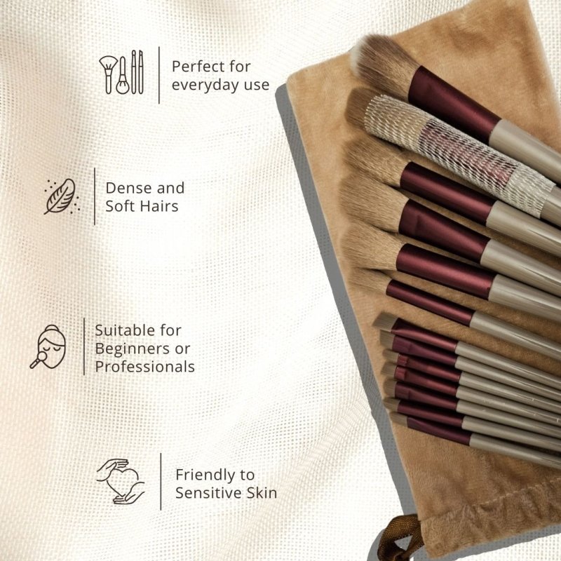 Ammuri Skincare 13 - Piece Professional Vegan Makeup Brush Set with Pine & Burgundy Finish and Travel Pouch - British D'sire