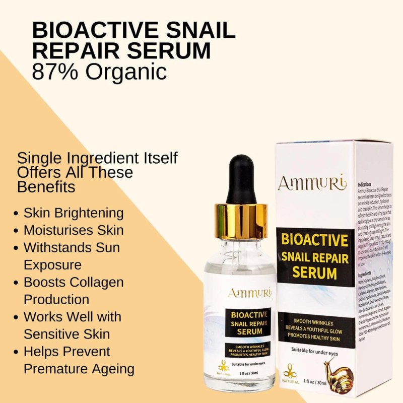 Ammuri Snail Repair Serum | Hydrating & Collagen Boosting - AMMURI BIOACTIVE SNAIL REPAIR SERUM 87% Organic Anti Ageing Face Serum - British D'sire
