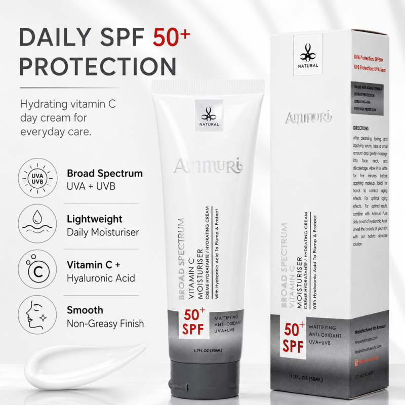 Ammuri Vitamin C Day Serum SPF50 - Hydrating, Anti-Ageing, Brightening, Sun Damage Repair, 50ml - SPF50 Moisturiser - British D'sire