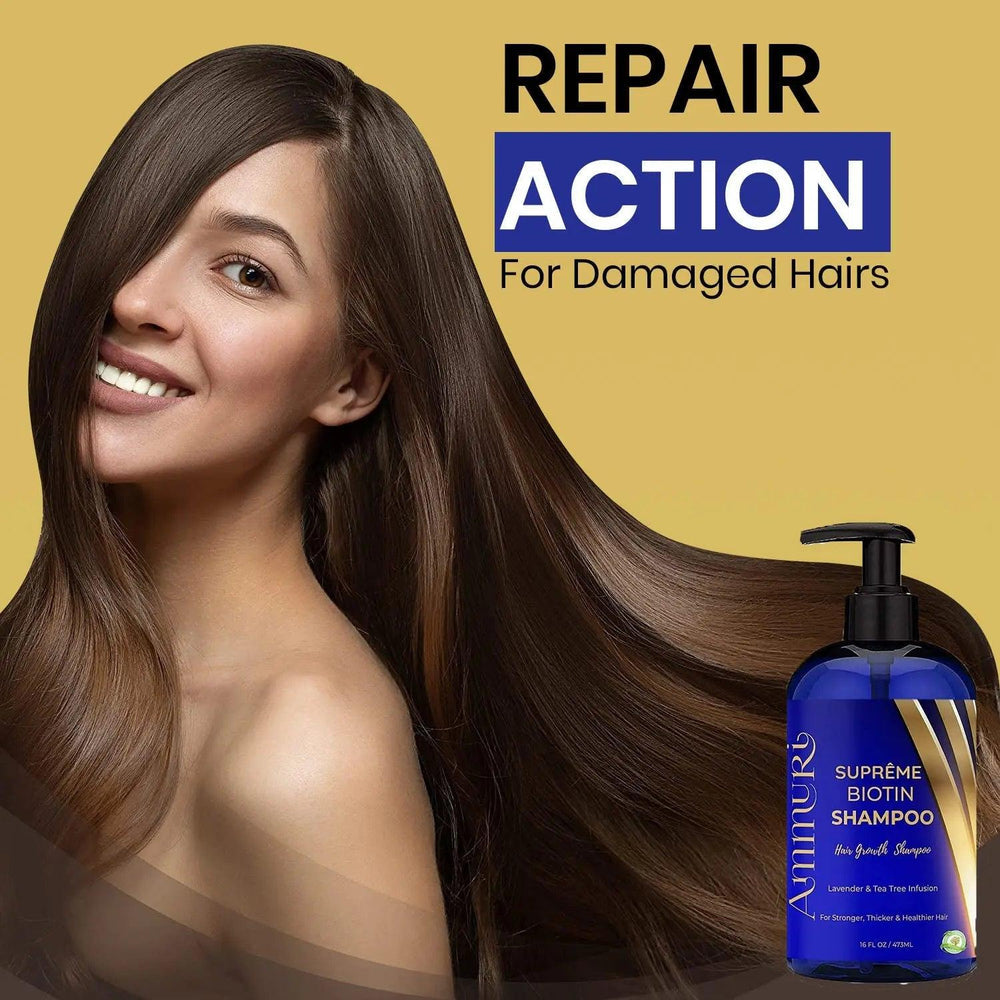 Ammuri Skincare Supreme Biotin Shampoo bottle next to woman with long, healthy hair biotin shampoo for thicker hair