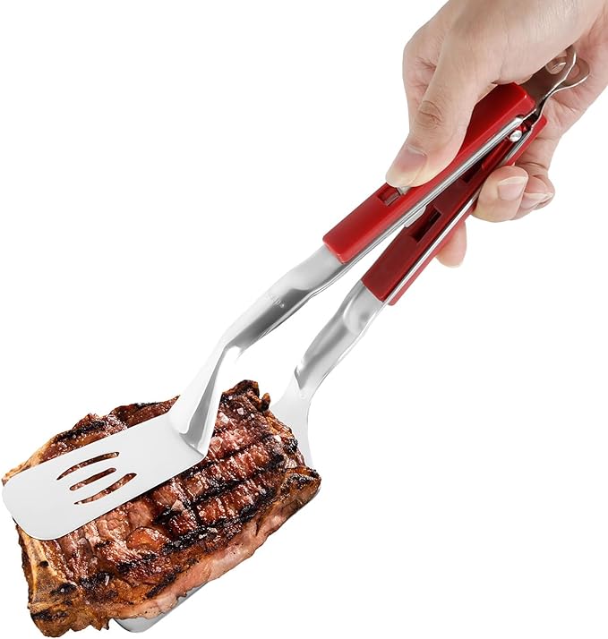 Anti-Scald Extended Handle Spatula Tongs, 11.6 Inch Multifunctional Stainless Steel Double Sided Shovel Clip Grill BBQ Clamp Spatula Food Flipping Cooking Tongs for Steak Fish Bread Burgers Pizza - British D'sire