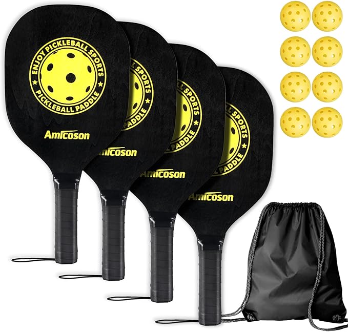 Arezzo - Pickleball Paddles - Pickleball Set of 4 Paddles, Indoor & Outdoor Pickleball Balls, Pickleball Paddle Set of 4 Wood Pickleball Racket Ergonomic Cushion Grip, 8 Pickleball Balls & 1 Carry Bag - Outdoor Sports & Equipments - British D'sire
